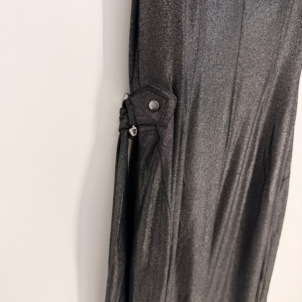 Cache Sheath Dress Womens Large Black Silver Metallic Shimmer Drape Cocktail LBD - Picture 3 of 6